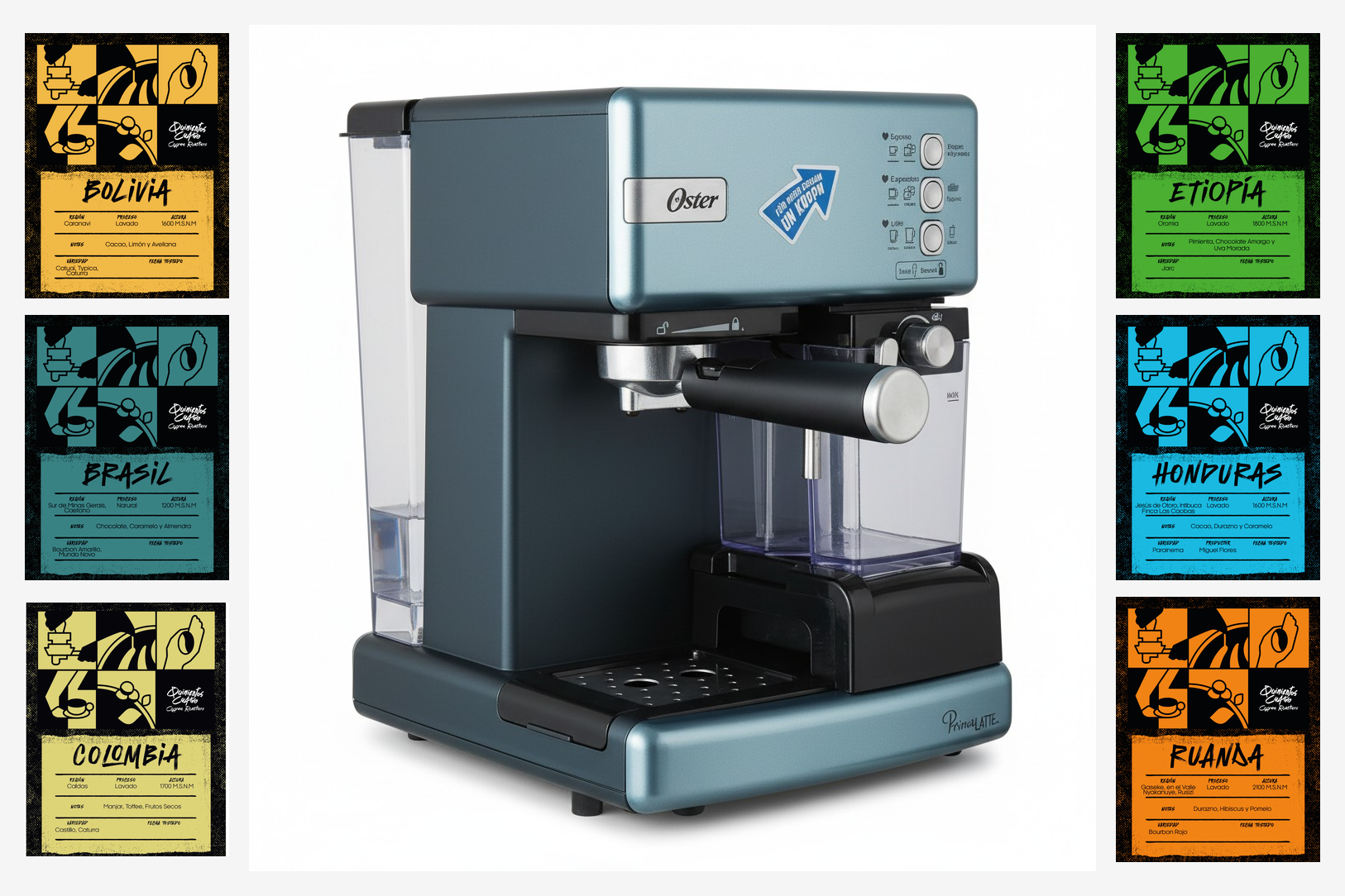 Cafetera Oster PrimaLatte con etiquetas de cafés a los costados